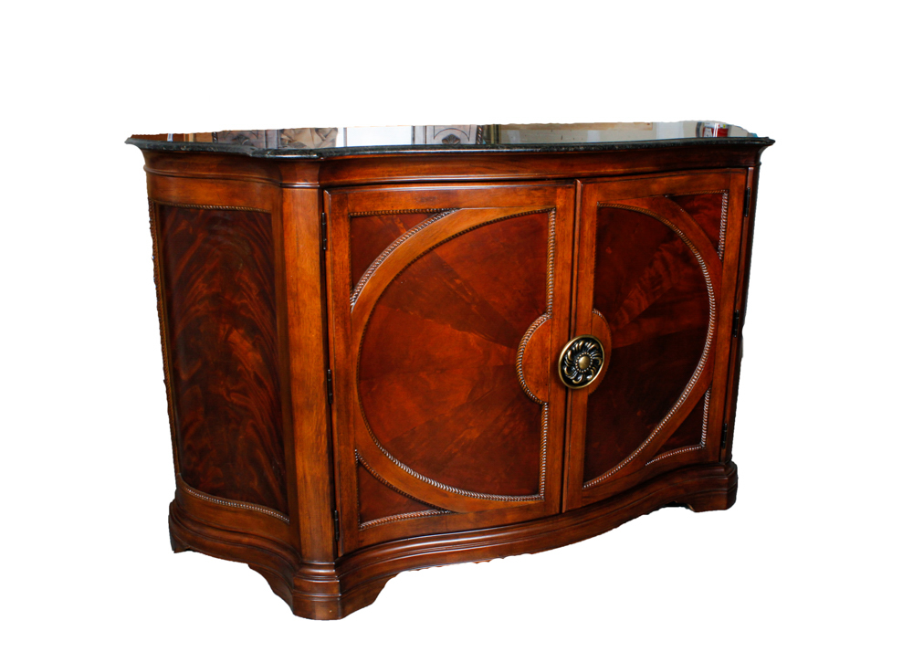 Marble Top Flame Walnut Demilune Credenza