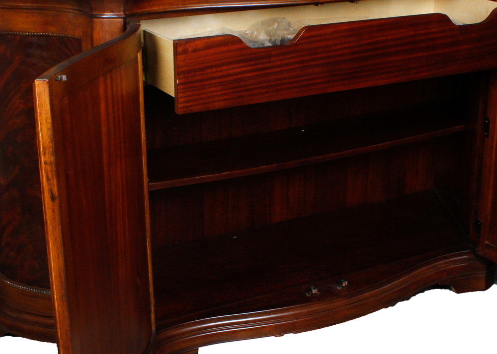 Marble Top Flame Walnut Demilune Credenza