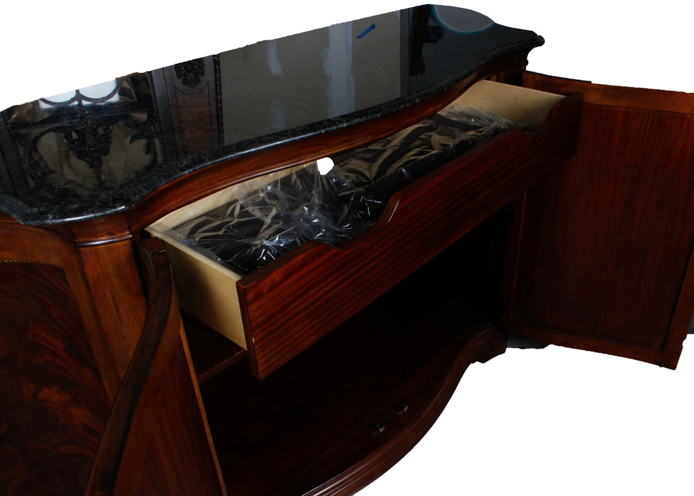 Marble Top Flame Walnut Demilune Credenza