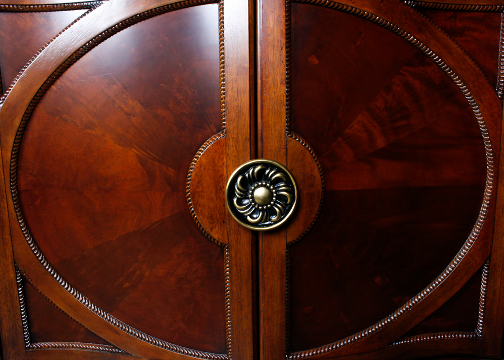 Marble Top Flame Walnut Demilune Credenza