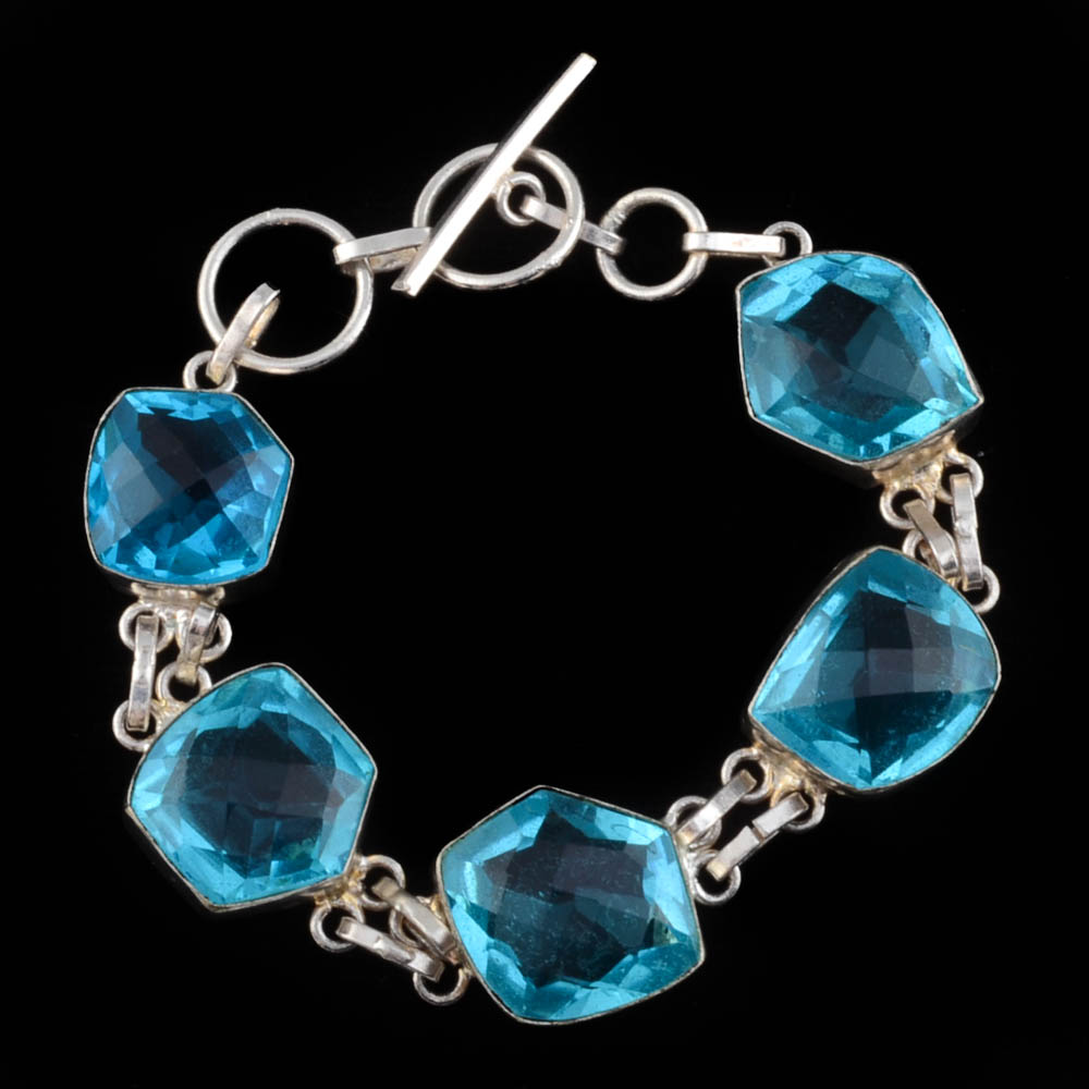 Link Bracelet with Blue Glass Stones
