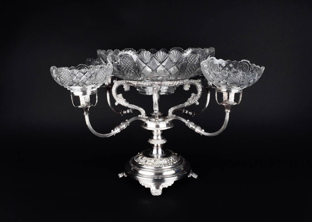 Antique Silver Plate and Cut Glass Epergne Serving Bowls on Stand