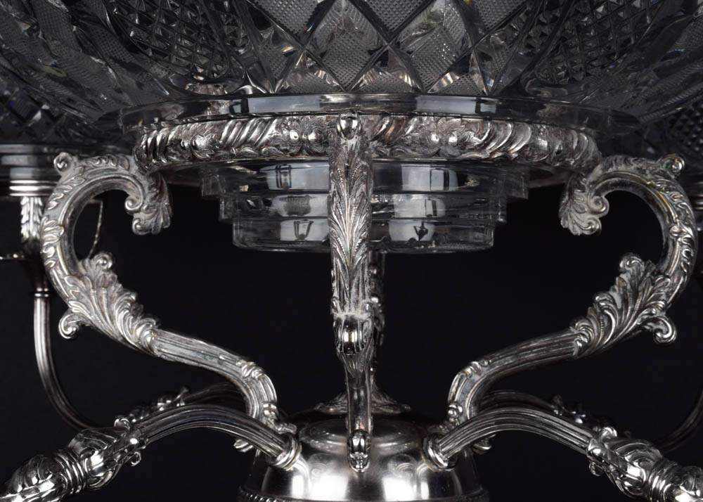 Antique Silver Plate and Cut Glass Epergne Serving Bowls on Stand