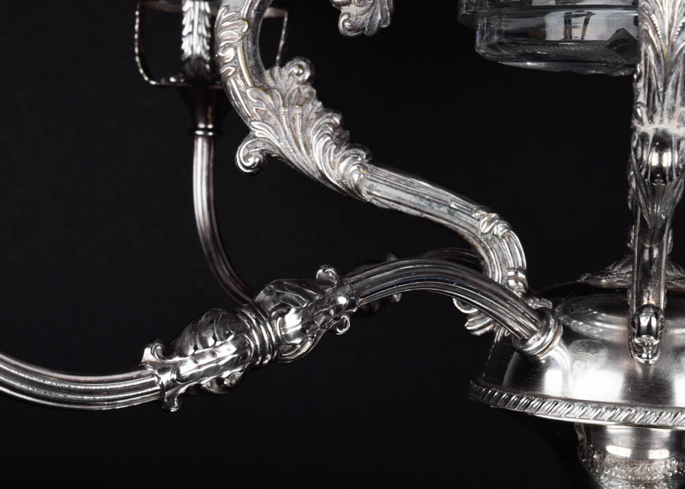 Antique Silver Plate and Cut Glass Epergne Serving Bowls on Stand