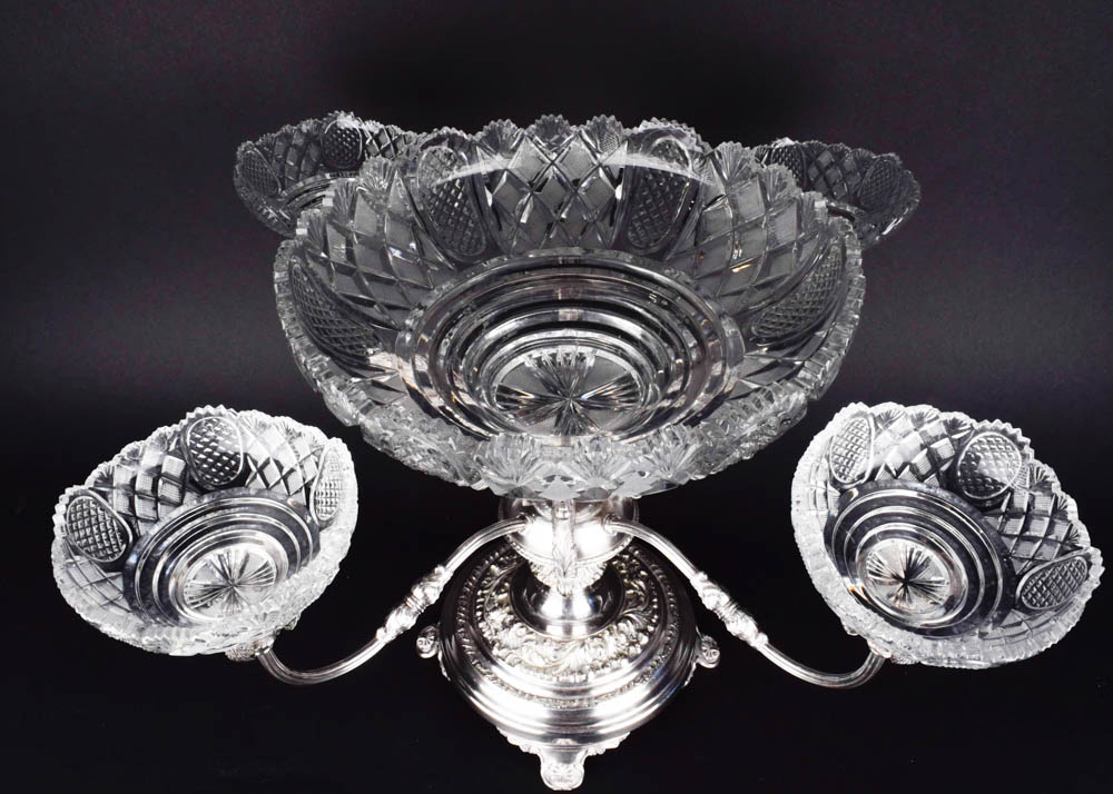 Antique Silver Plate and Cut Glass Epergne Serving Bowls on Stand
