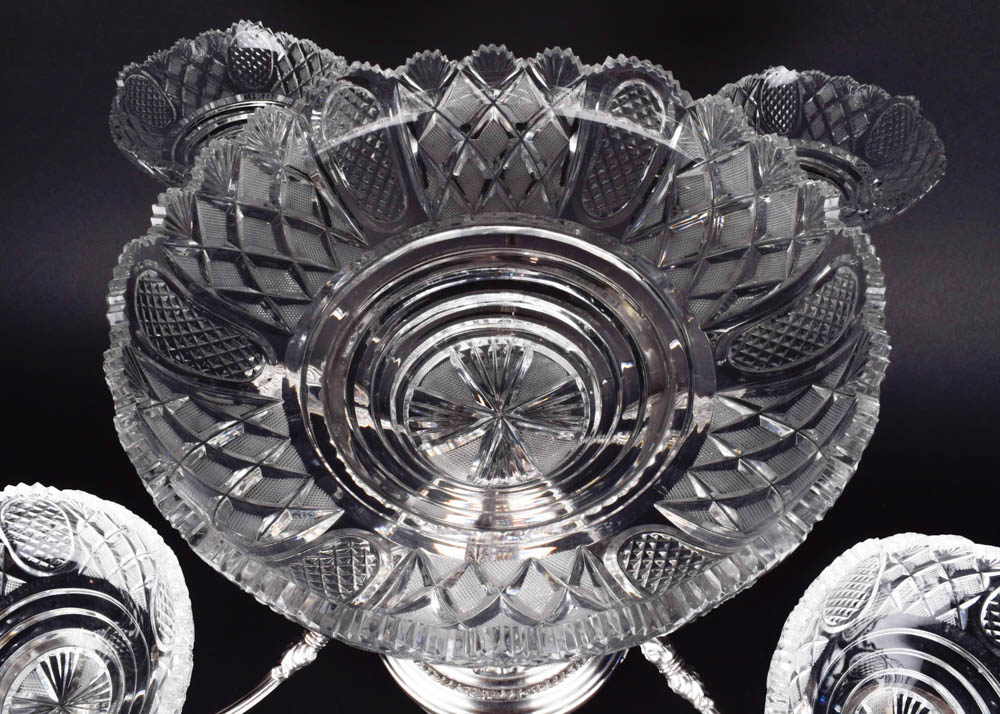Antique Silver Plate and Cut Glass Epergne Serving Bowls on Stand