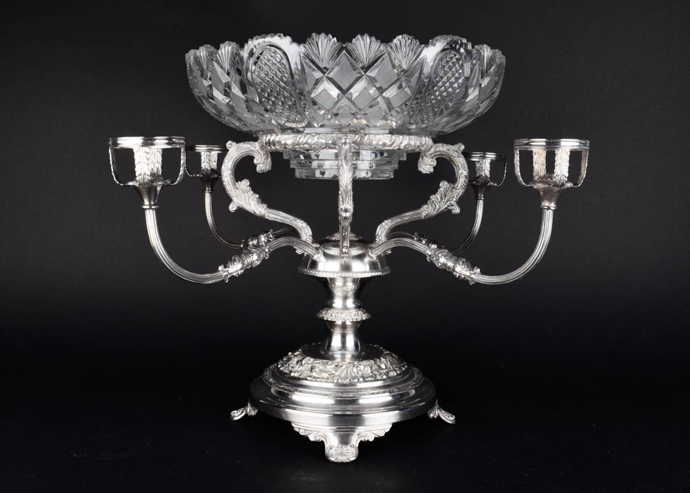 Antique Silver Plate and Cut Glass Epergne Serving Bowls on Stand