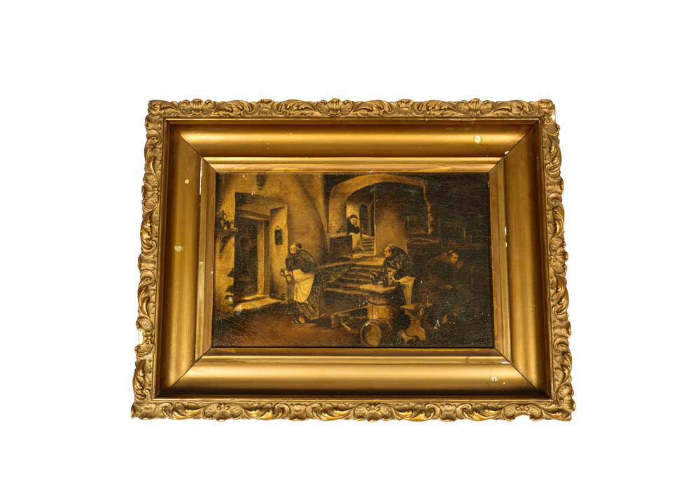 An Original Antique Oil on Board of Monks at Work