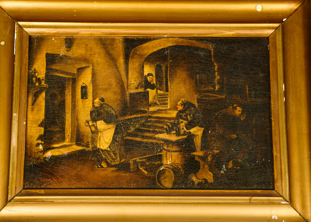 An Original Antique Oil on Board of Monks at Work