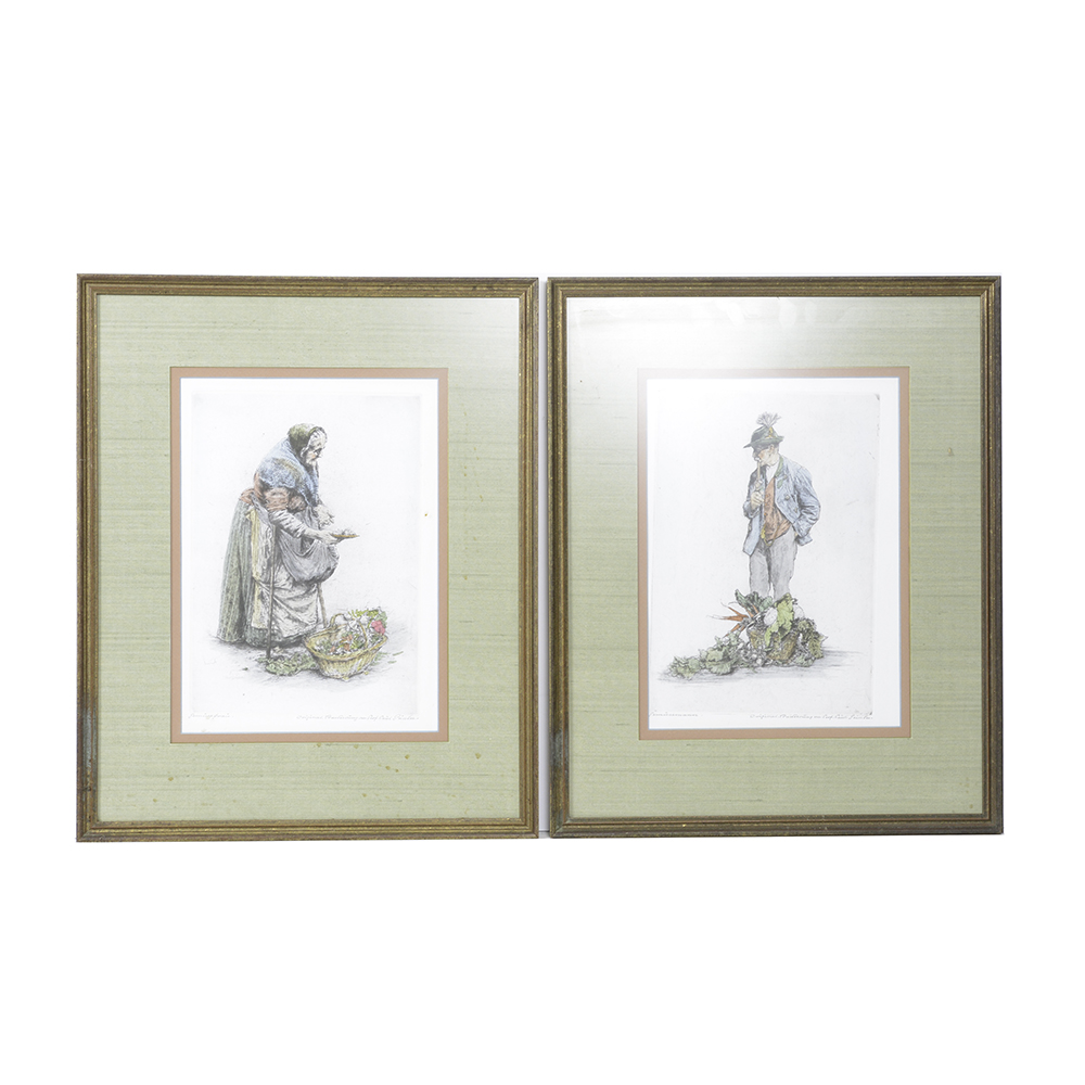 Pair of Paul Geissler Etchings of Vegetable Sellers
