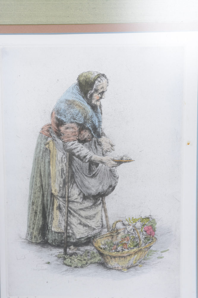 Pair of Paul Geissler Etchings of Vegetable Sellers
