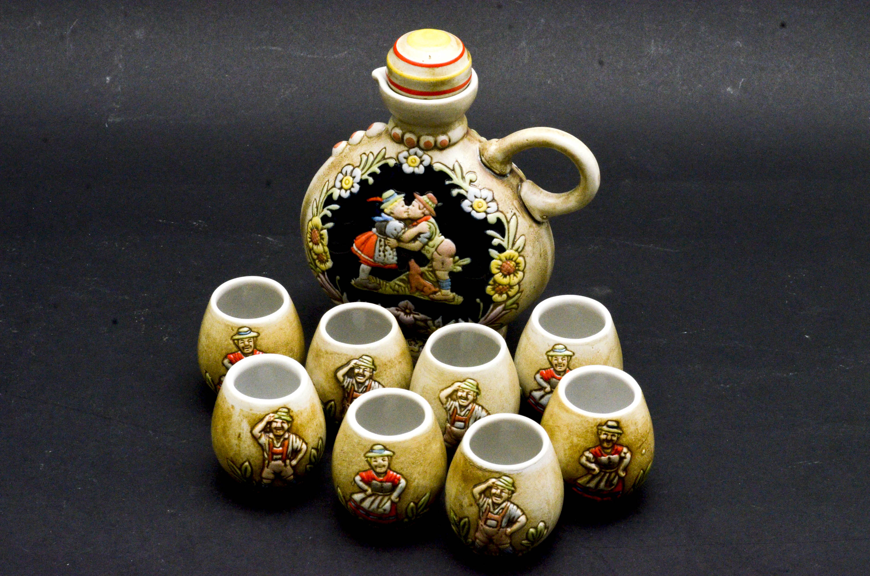 Ceramarte Brazilian Liquor Decanter with Eight Cups