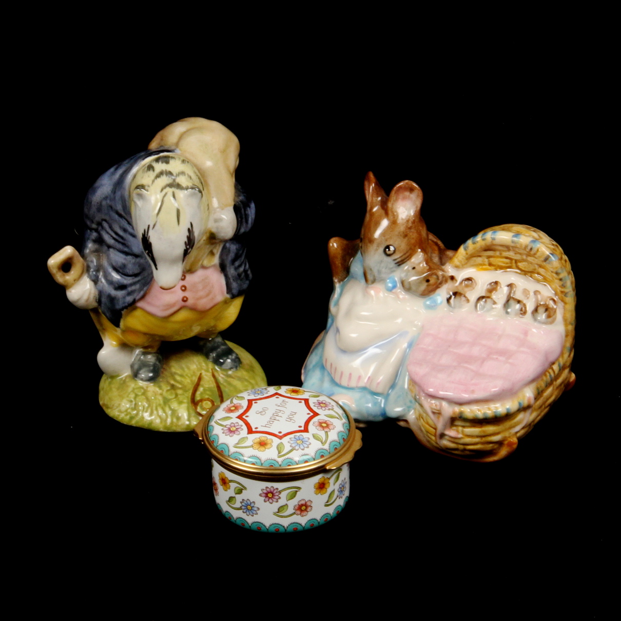 Pair of Beatrix Potter Figurines and Enamel Box