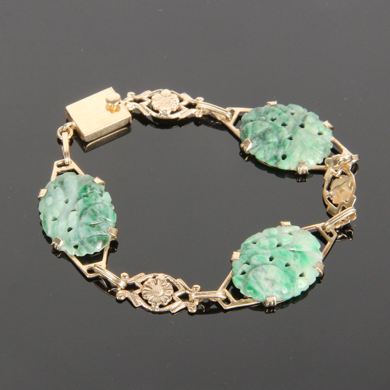 14K Gold Carved Jade Bracelet