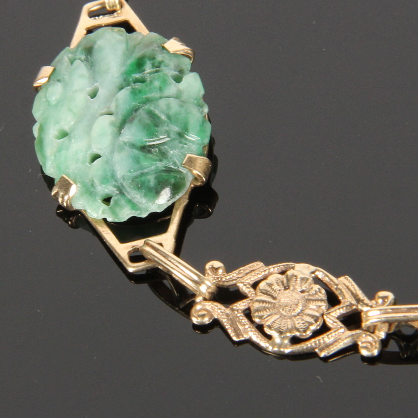 14K Gold Carved Jade Bracelet