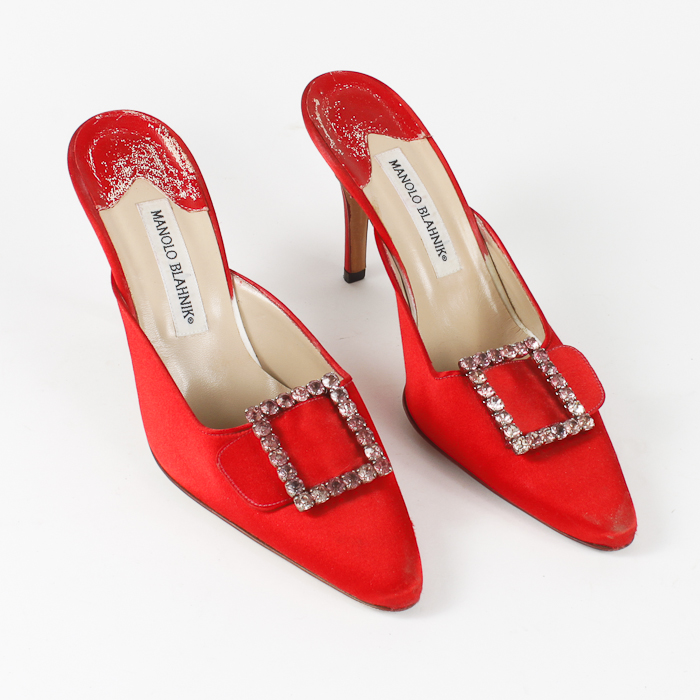 Grammy Worn Red Satin Manolo Blahnik Pointed Toe High Heel Mules