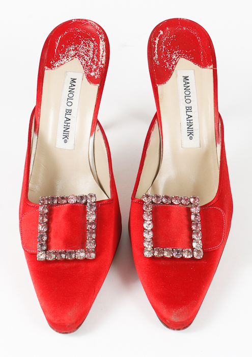 Grammy Worn Red Satin Manolo Blahnik Pointed Toe High Heel Mules
