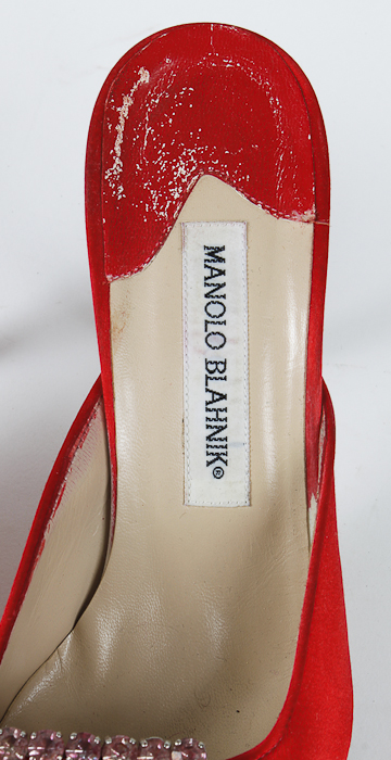 Grammy Worn Red Satin Manolo Blahnik Pointed Toe High Heel Mules