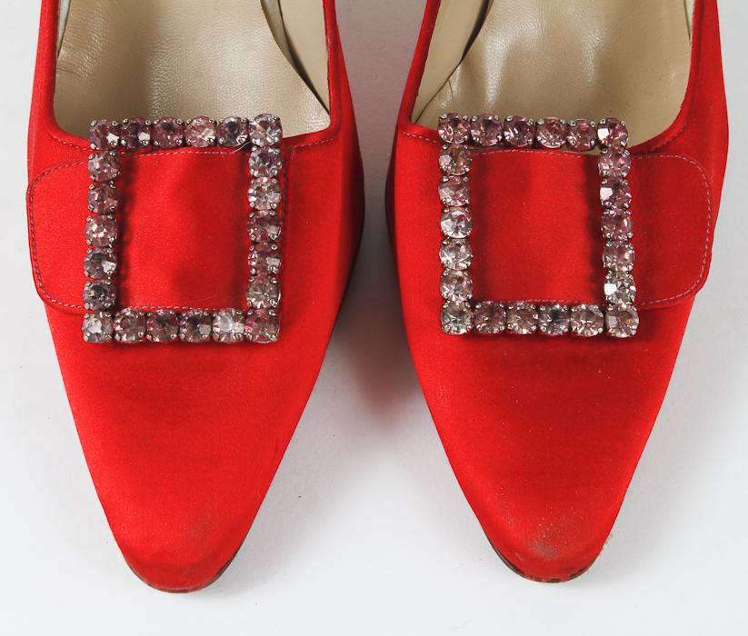 Grammy Worn Red Satin Manolo Blahnik Pointed Toe High Heel Mules