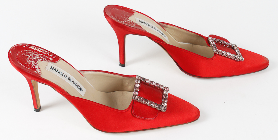 Grammy Worn Red Satin Manolo Blahnik Pointed Toe High Heel Mules
