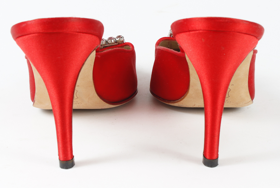 Grammy Worn Red Satin Manolo Blahnik Pointed Toe High Heel Mules