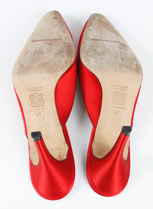 Grammy Worn Red Satin Manolo Blahnik Pointed Toe High Heel Mules