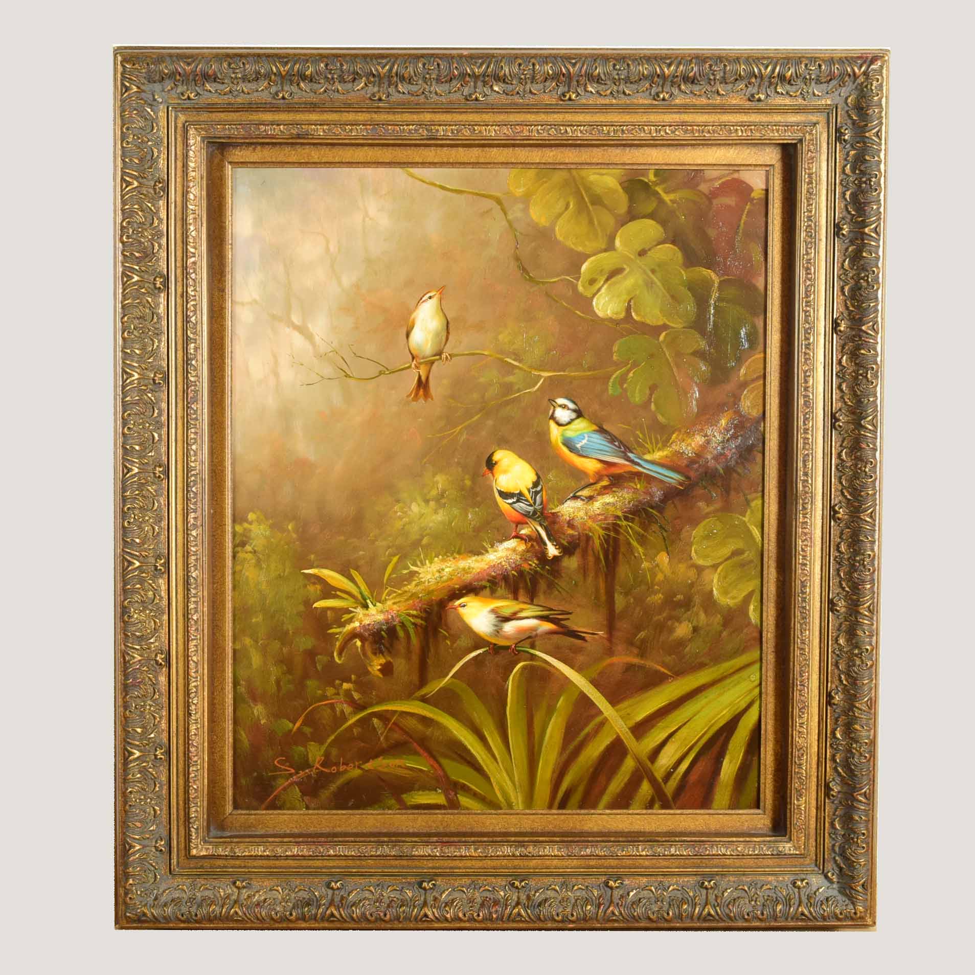 Original S. Robertson Oil on Canvas of Birds in a Tree