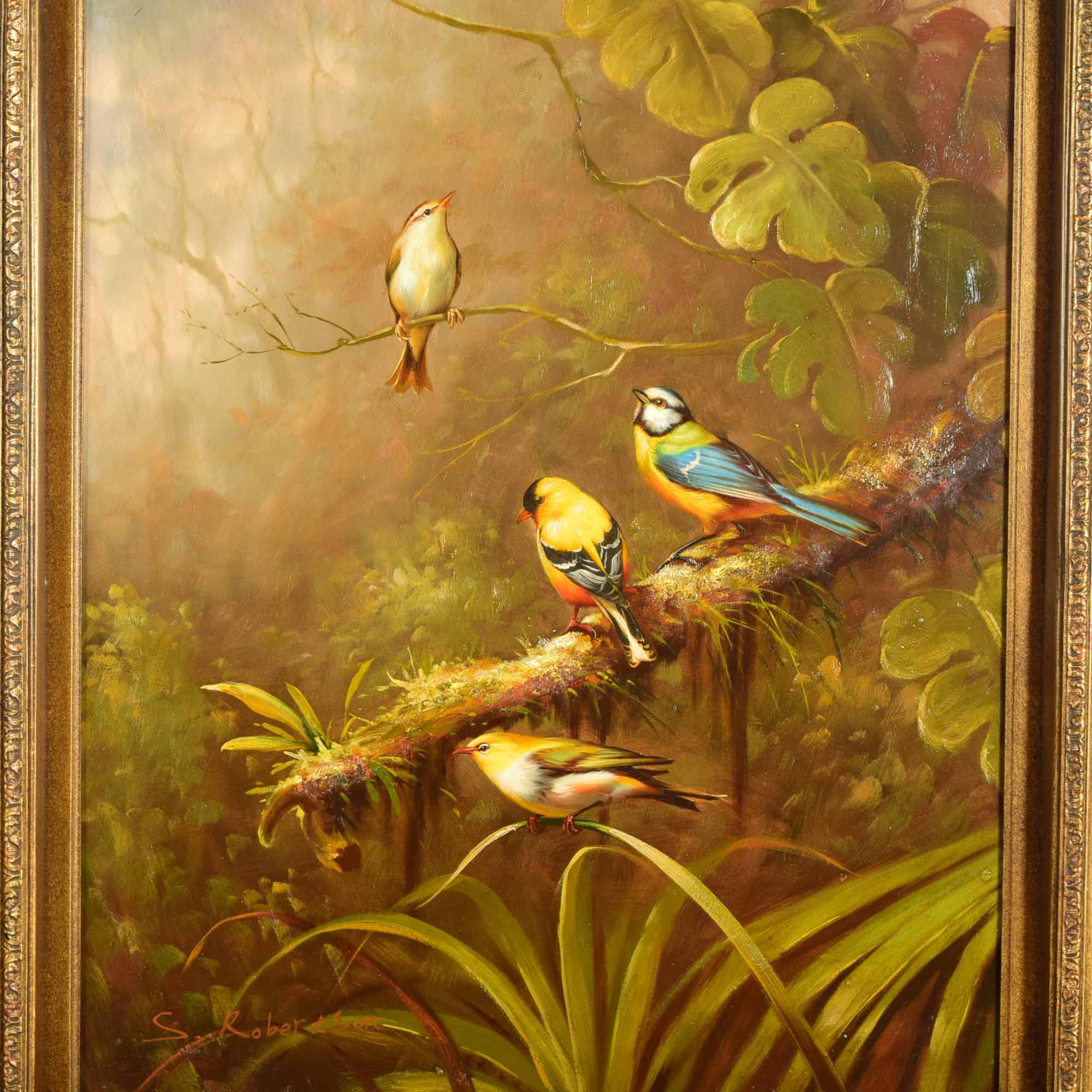 Original S. Robertson Oil on Canvas of Birds in a Tree
