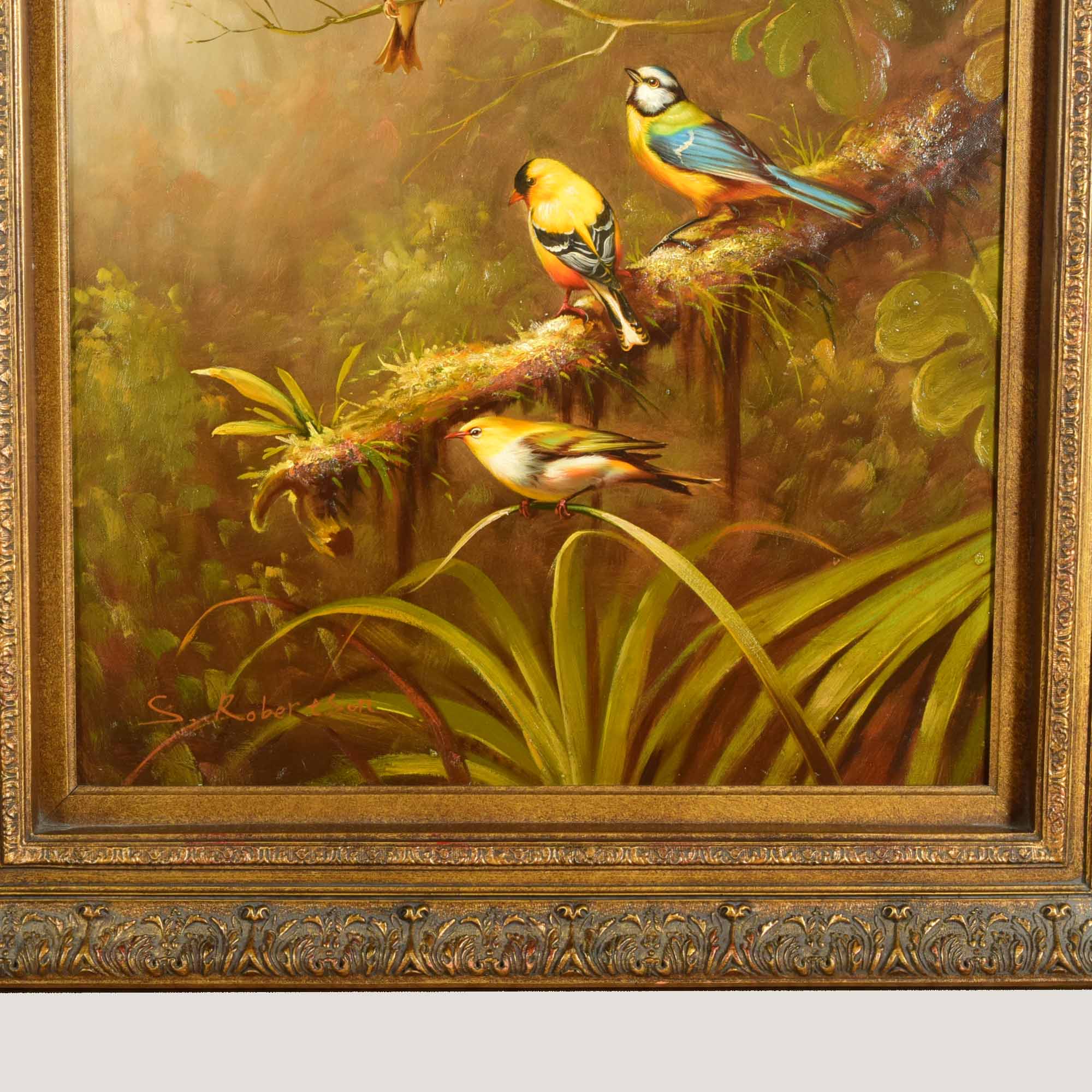 Original S. Robertson Oil on Canvas of Birds in a Tree