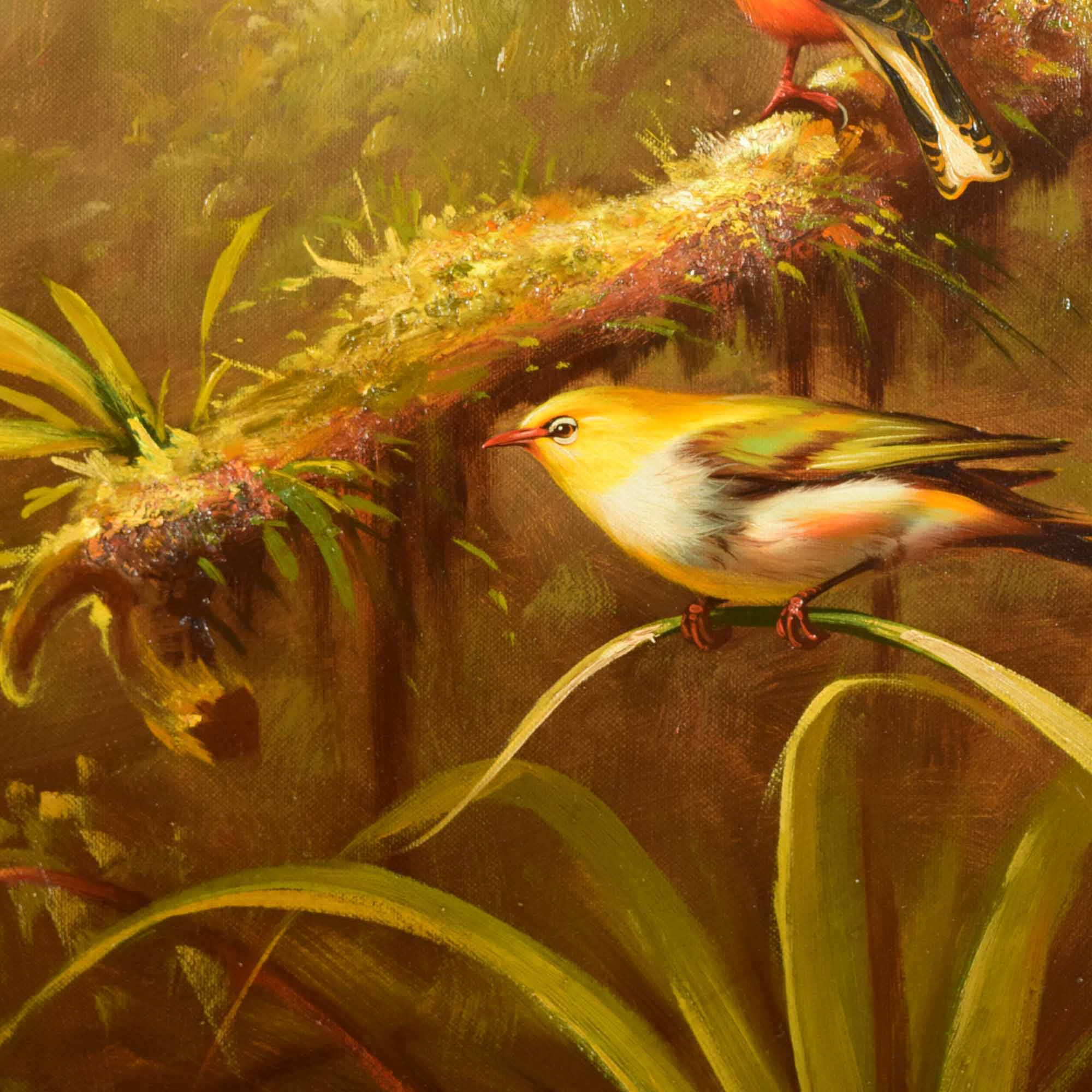 Original S. Robertson Oil on Canvas of Birds in a Tree