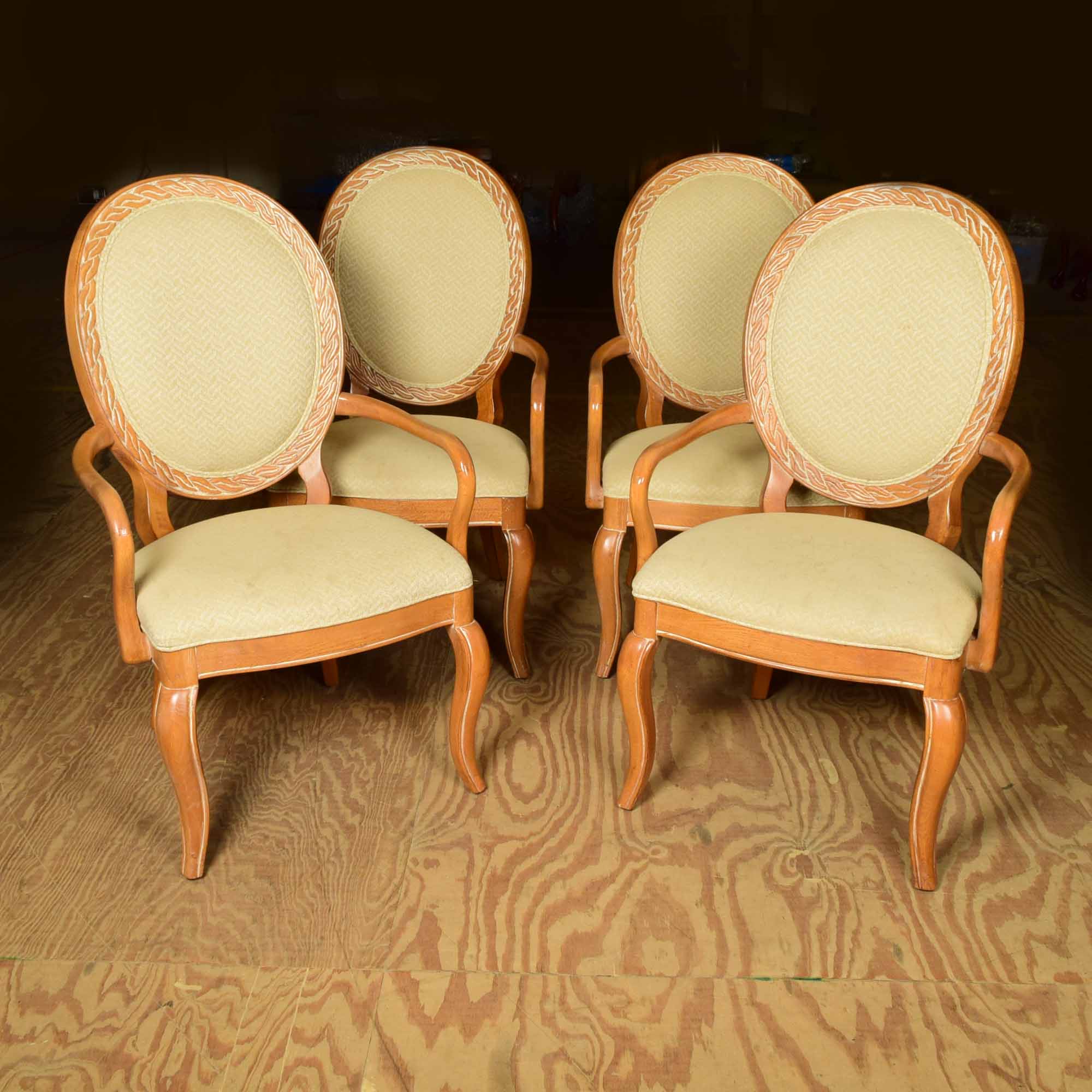 French Style Oak Balloon Back  Arm Chair Set of Four