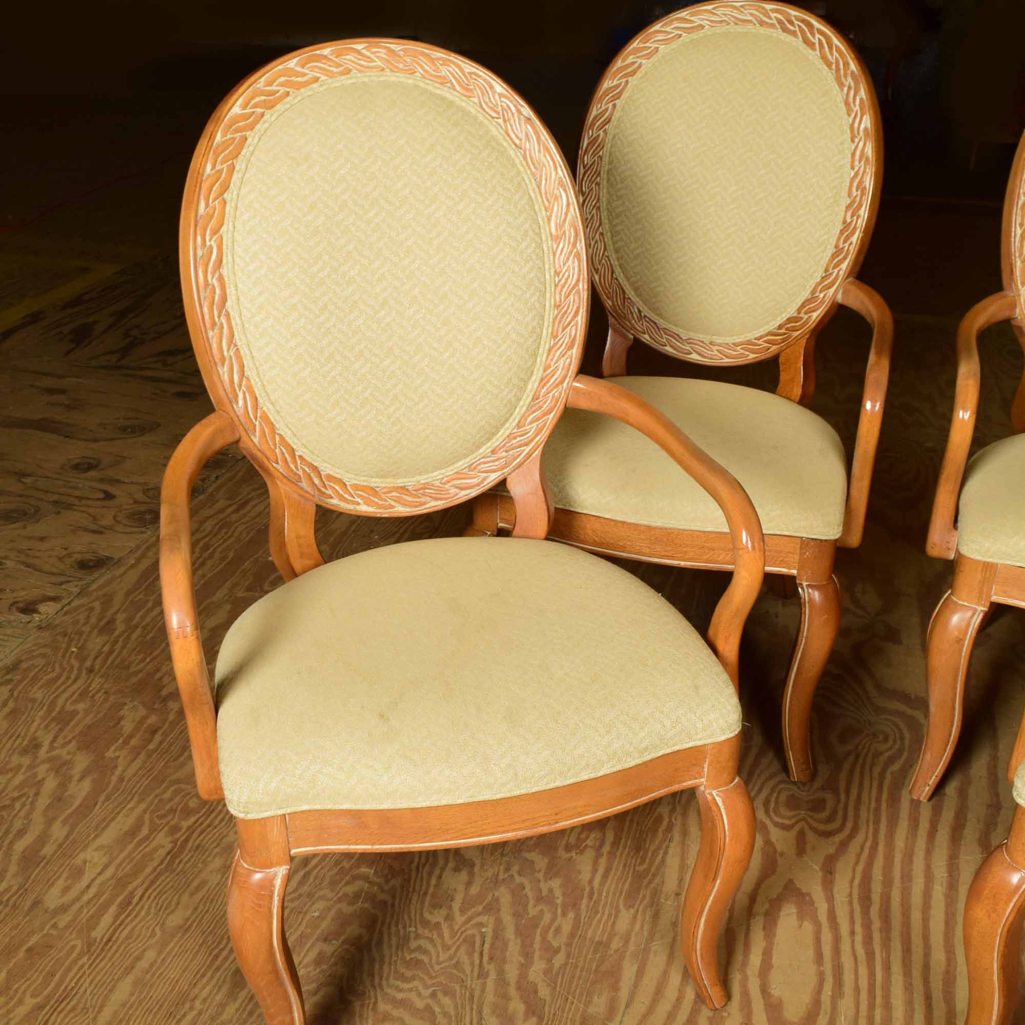 French Style Oak Balloon Back  Arm Chair Set of Four