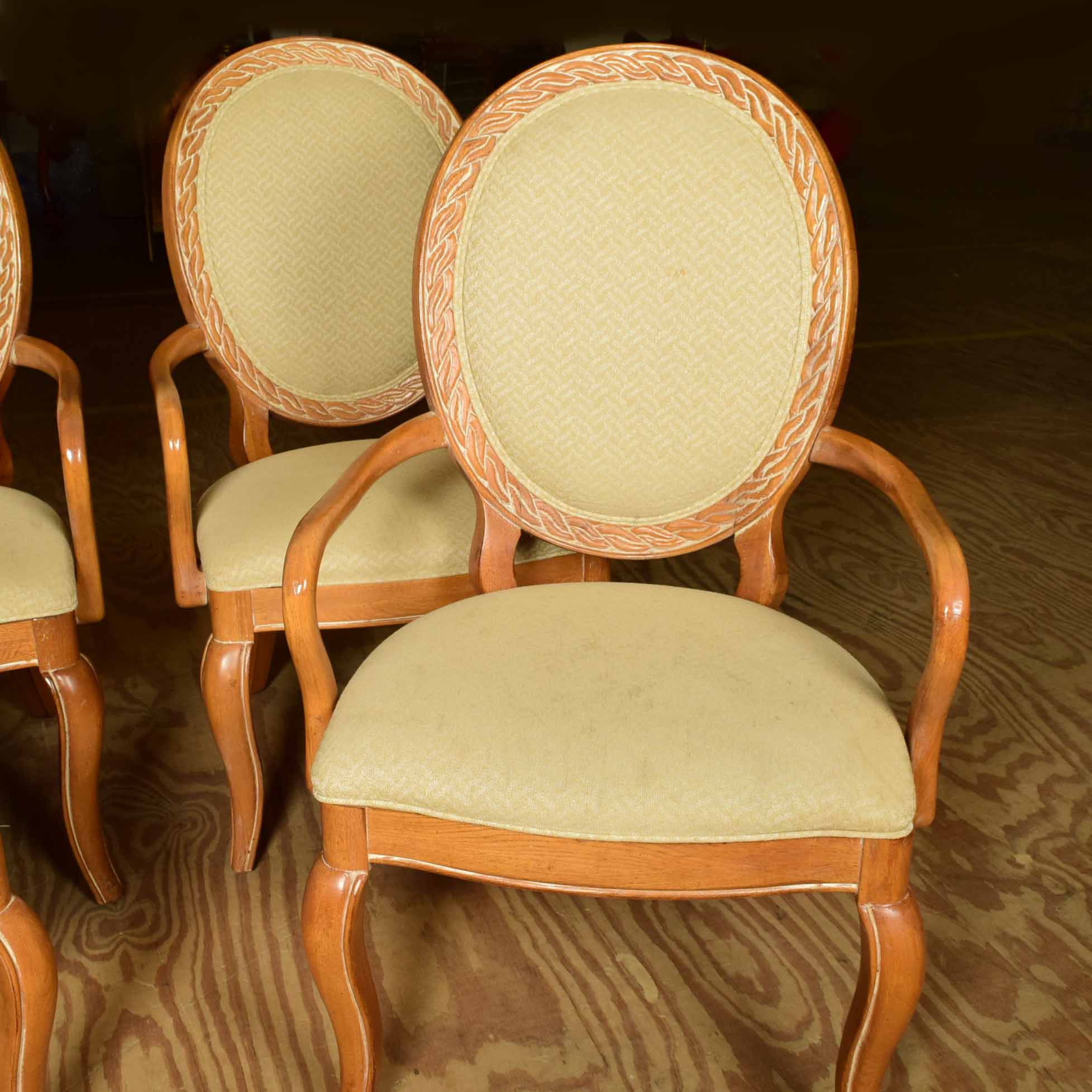 French Style Oak Balloon Back  Arm Chair Set of Four