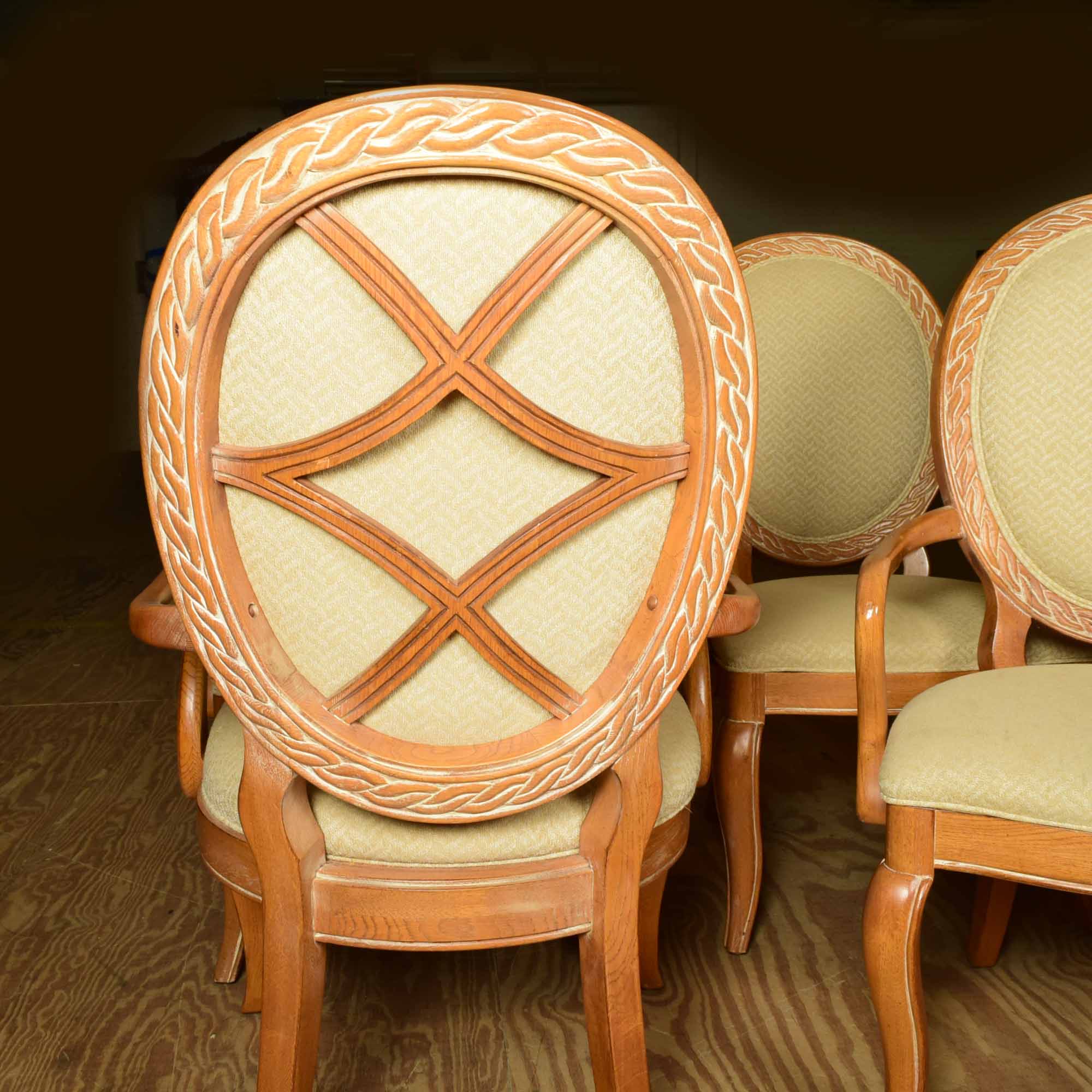 French Style Oak Balloon Back  Arm Chair Set of Four