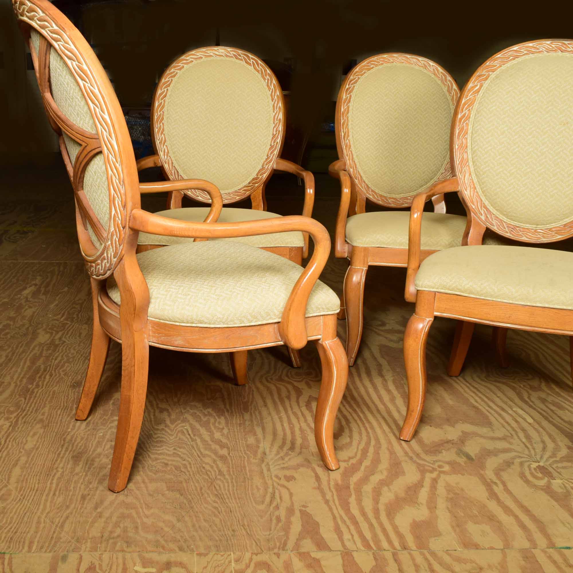 French Style Oak Balloon Back  Arm Chair Set of Four
