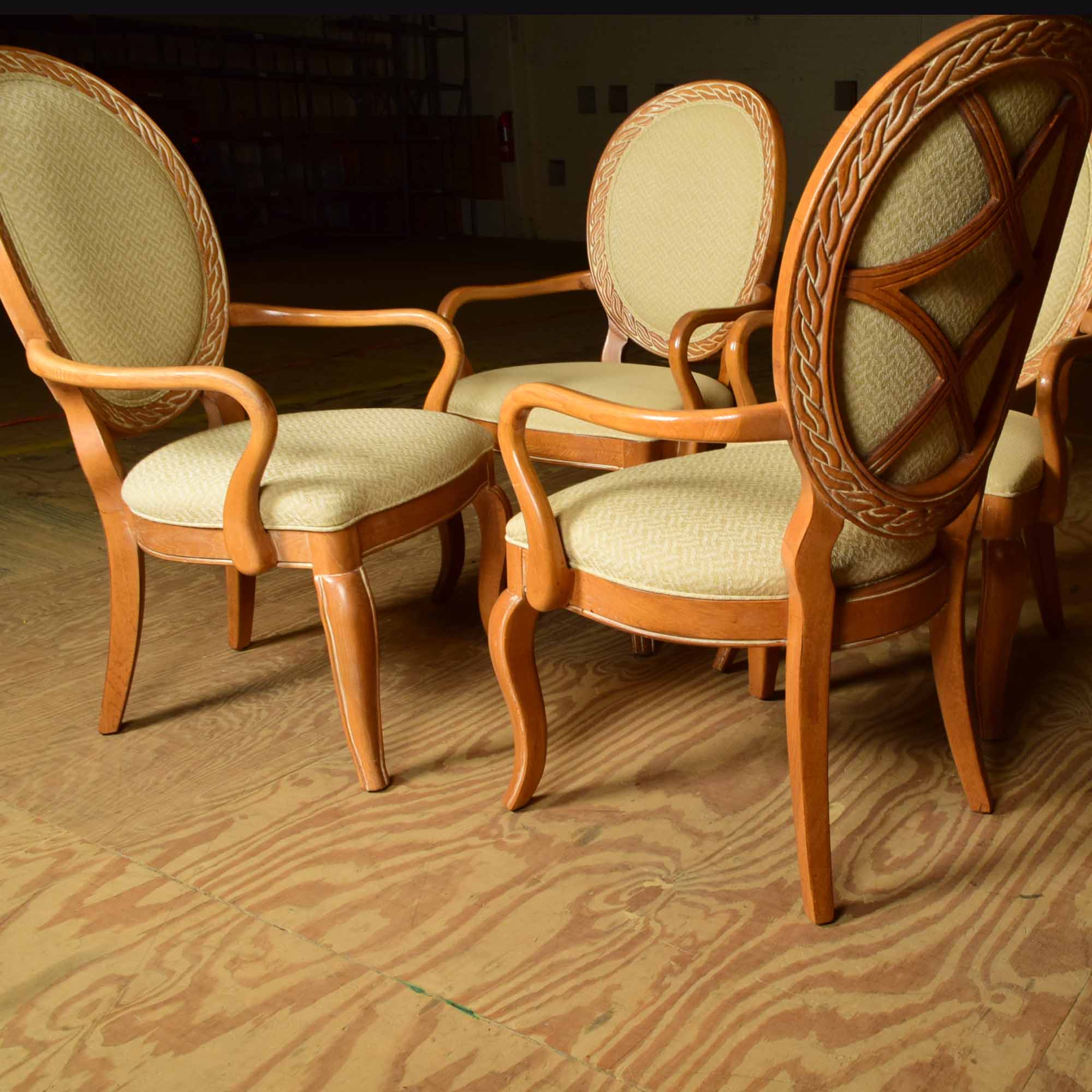 French Style Oak Balloon Back  Arm Chair Set of Four