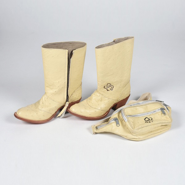 Custom-Made Ostrich Skin Cowgirl Boots with Tanya Tucker Logo and matching Fanny Pack