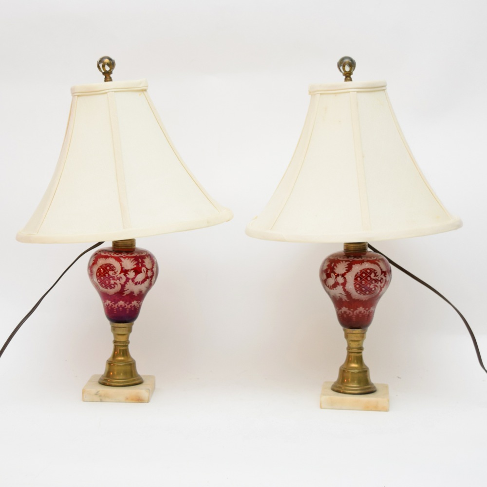 Pair of Vintage Etched Ruby Glass Lamps on Marble