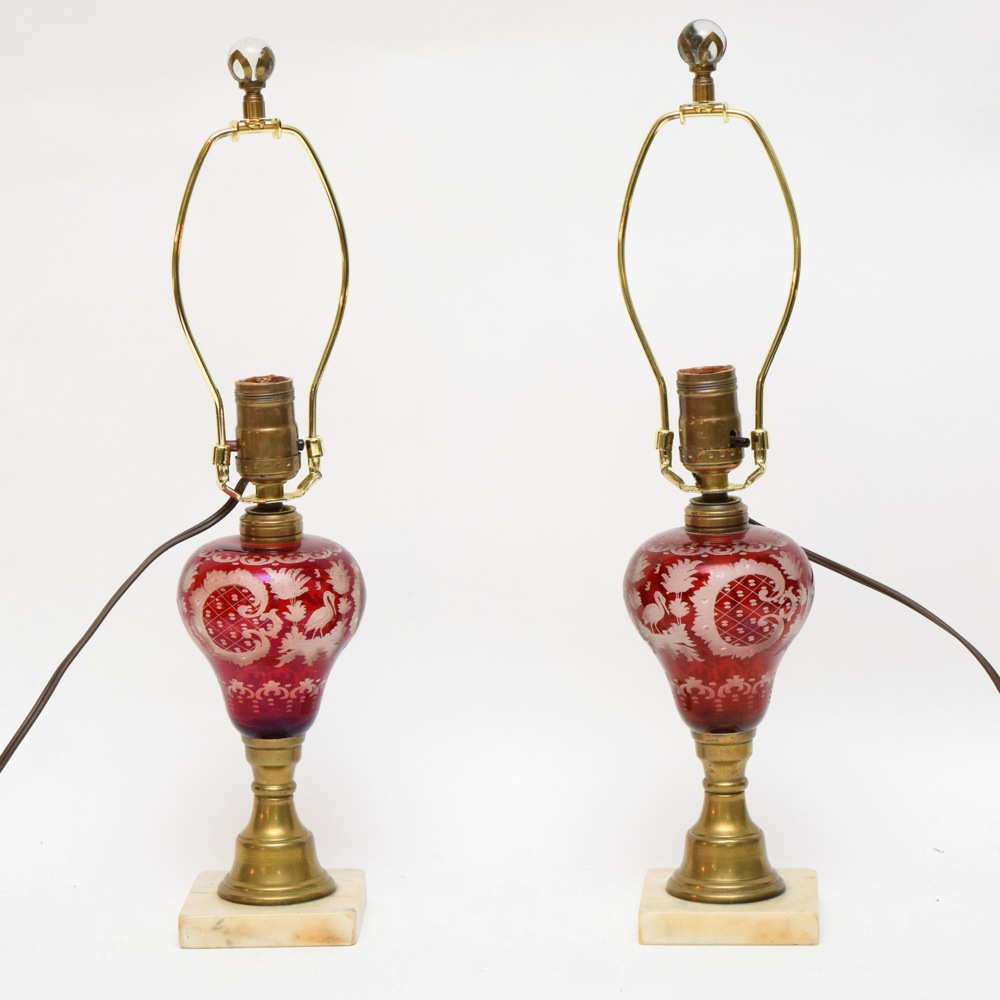 Pair of Vintage Etched Ruby Glass Lamps on Marble