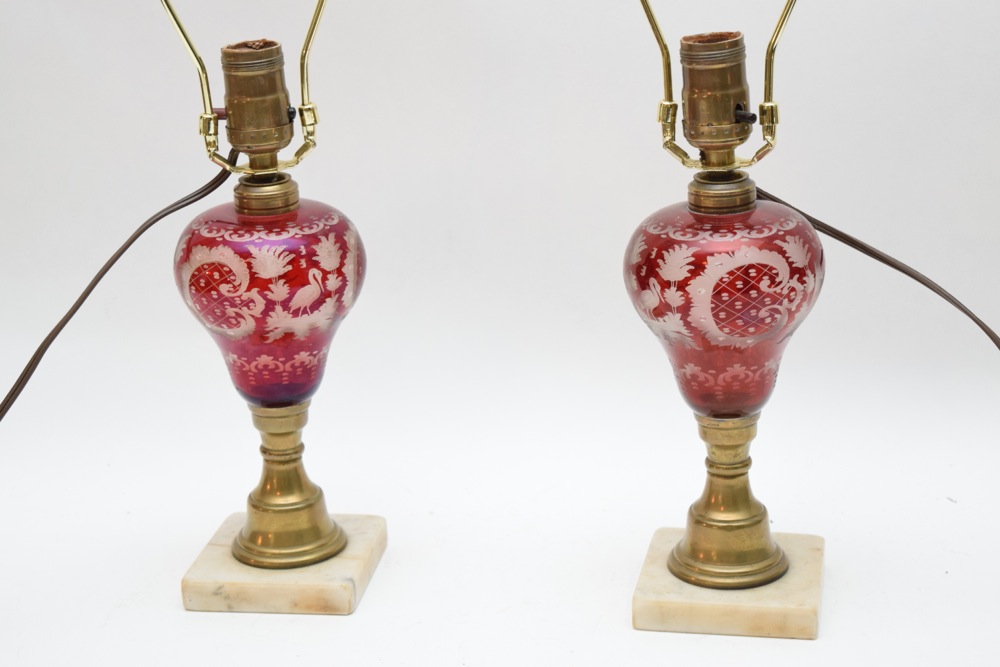 Pair of Vintage Etched Ruby Glass Lamps on Marble