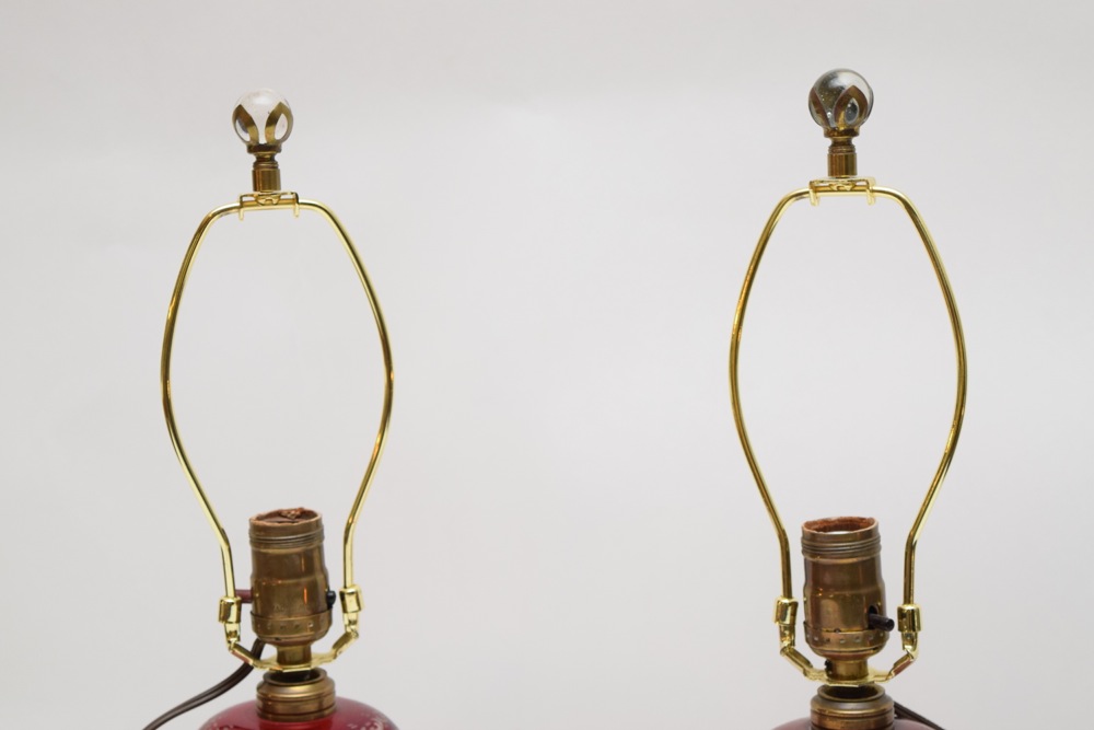 Pair of Vintage Etched Ruby Glass Lamps on Marble