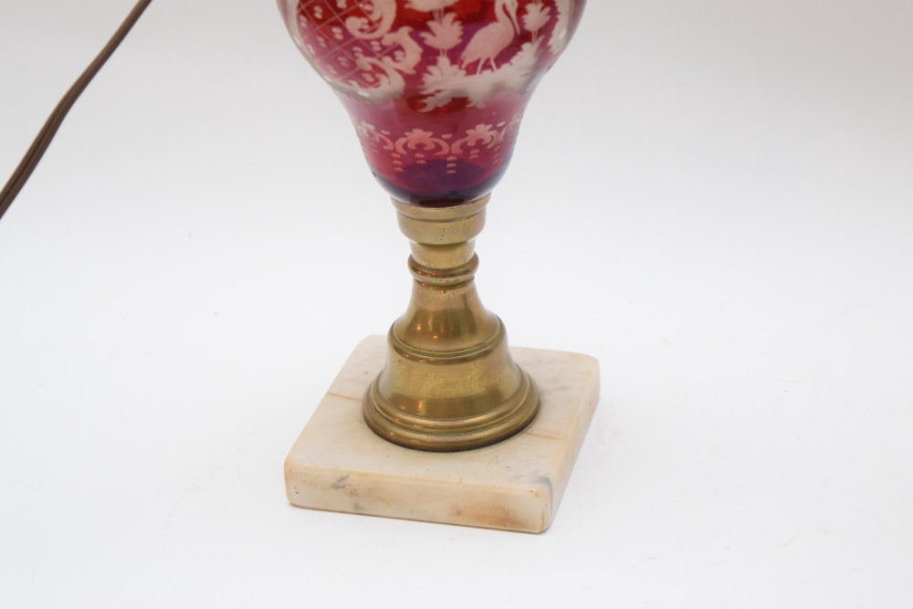 Pair of Vintage Etched Ruby Glass Lamps on Marble