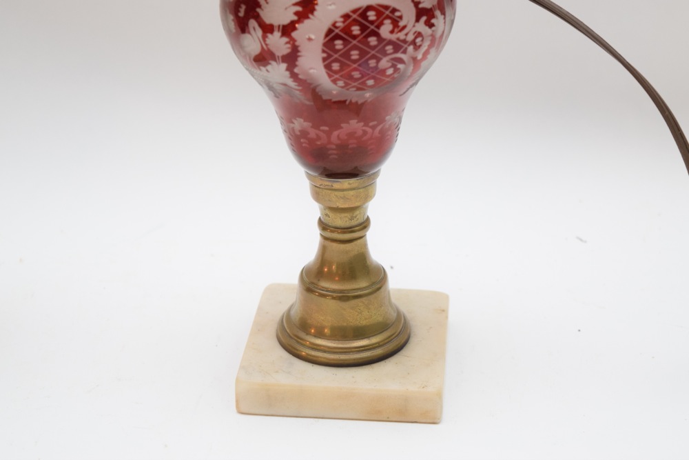 Pair of Vintage Etched Ruby Glass Lamps on Marble