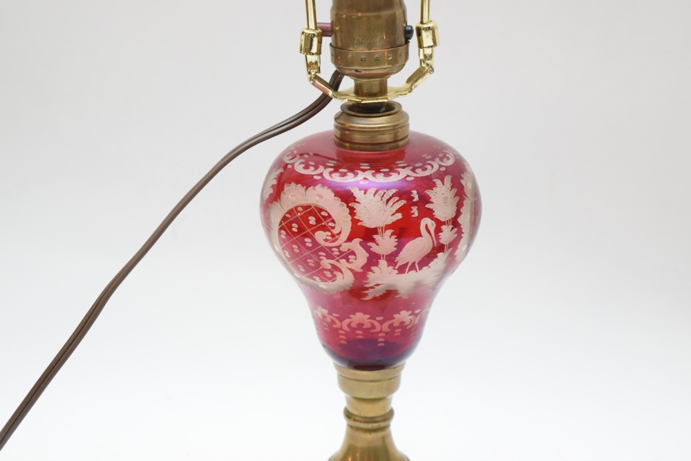 Pair of Vintage Etched Ruby Glass Lamps on Marble