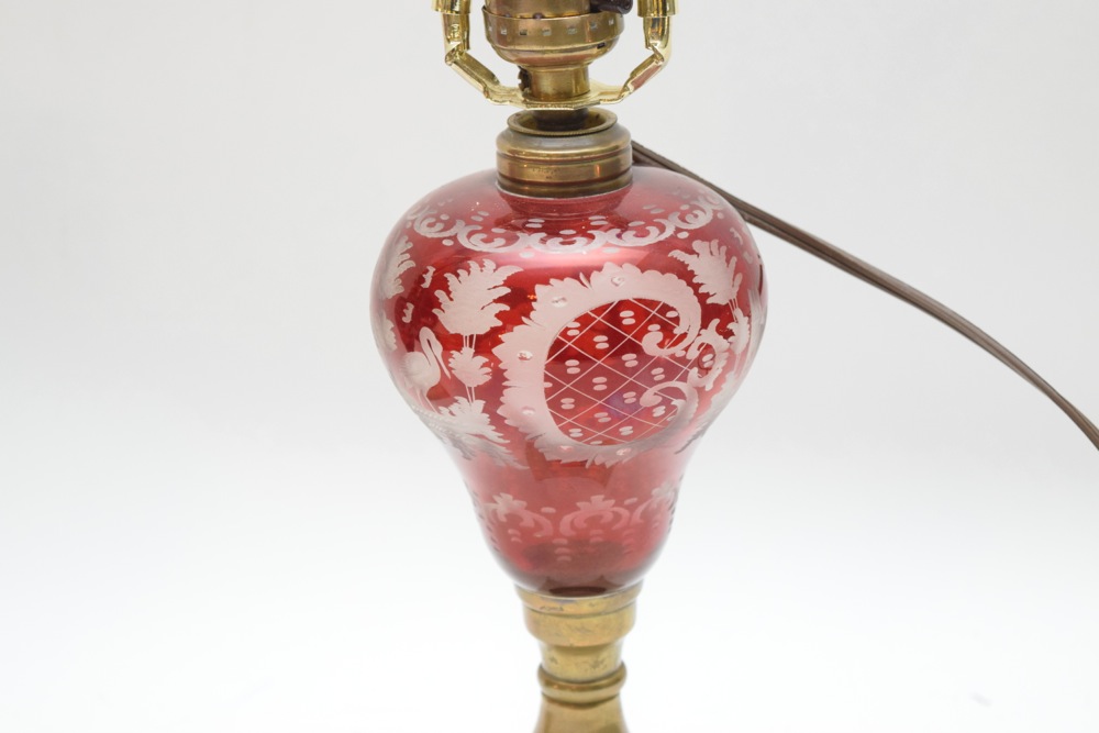 Pair of Vintage Etched Ruby Glass Lamps on Marble