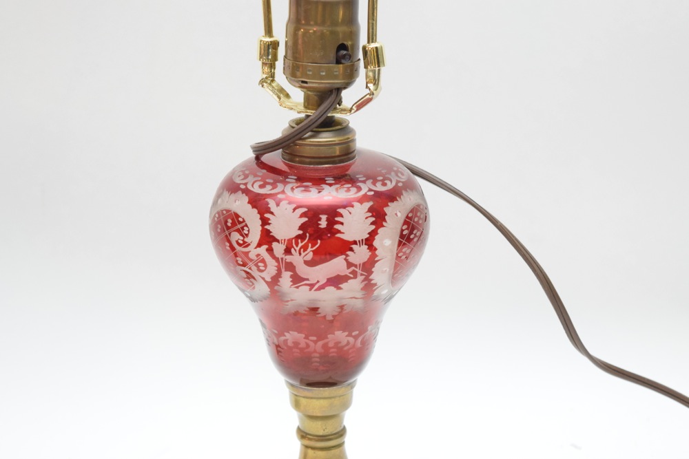 Pair of Vintage Etched Ruby Glass Lamps on Marble