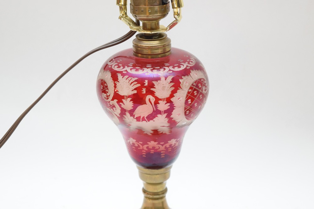 Pair of Vintage Etched Ruby Glass Lamps on Marble