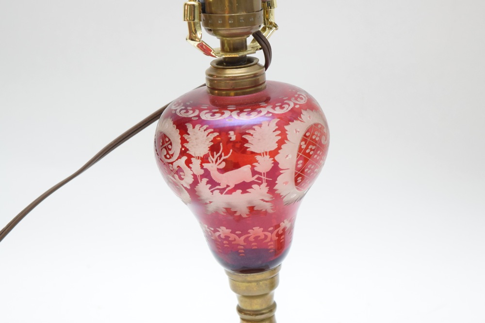 Pair of Vintage Etched Ruby Glass Lamps on Marble