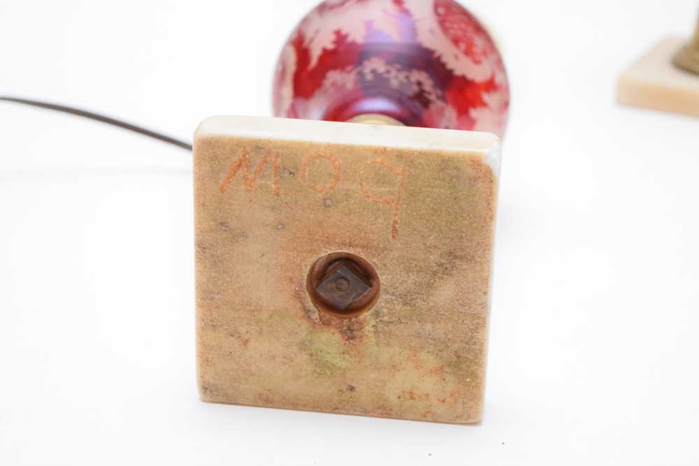 Pair of Vintage Etched Ruby Glass Lamps on Marble