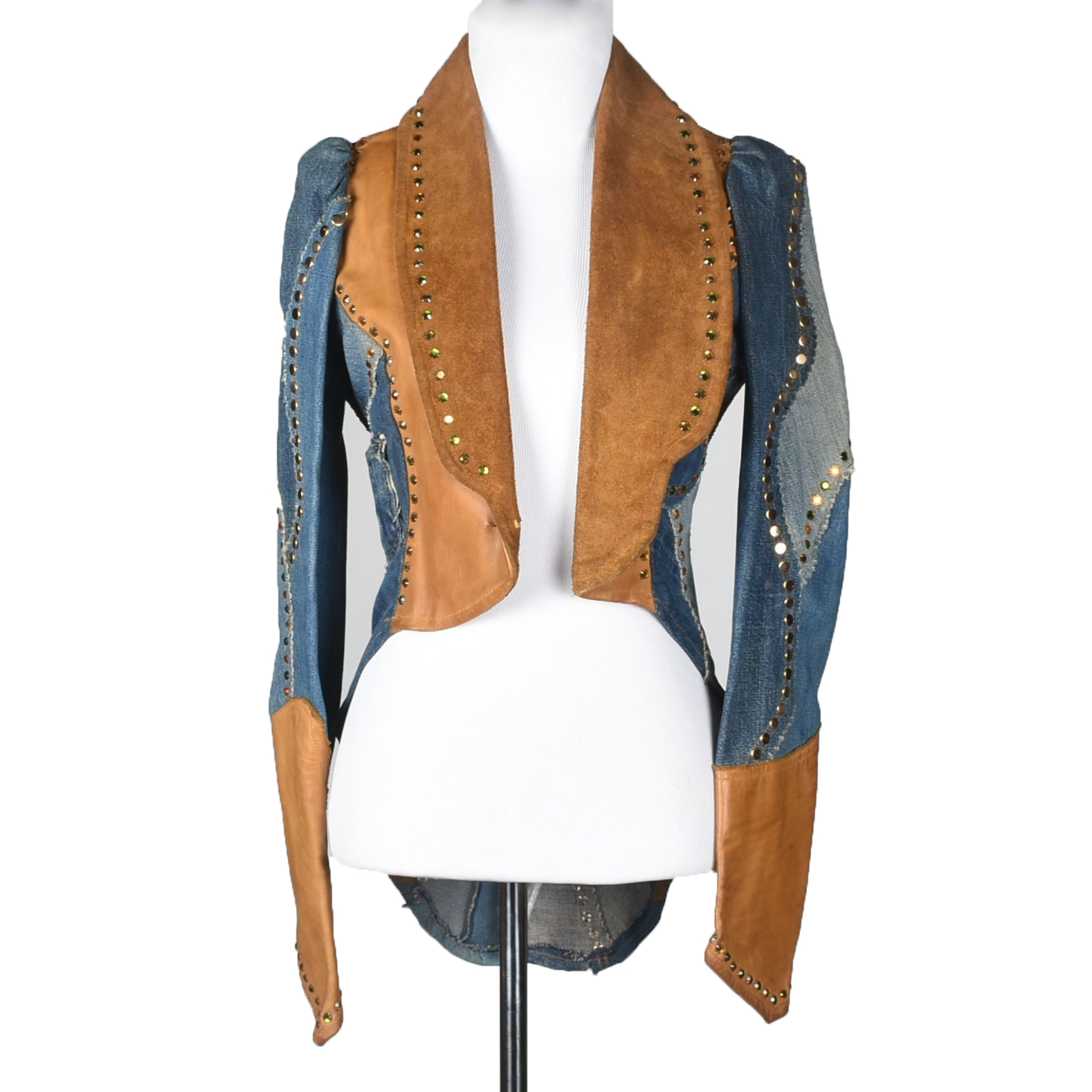 70s Vintage Bohemian Patchwork Embellished Jean and Suede Leather Jacket with Tails